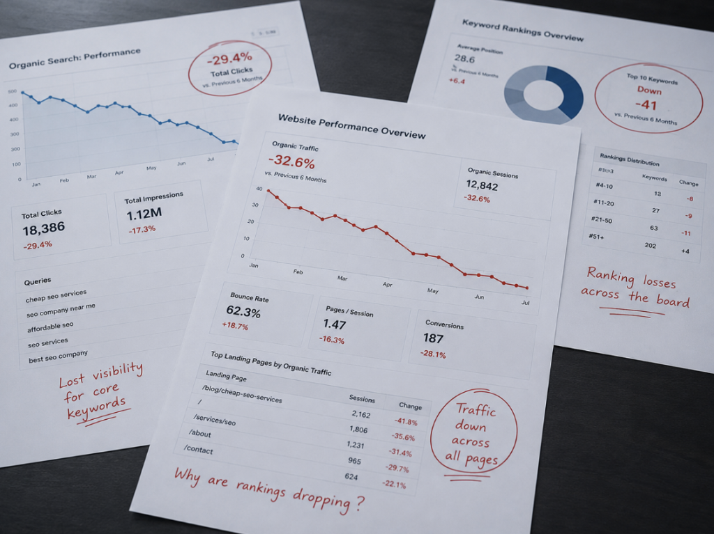 Reports showing falling traffic and rankings, the hidden cost of cheap SEO.

